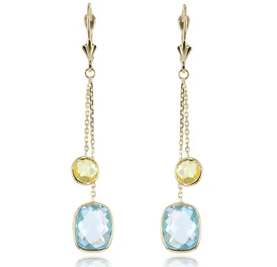 14K Yellow Gold Drop Earrings With Lemon And Blue Topaz Gemstones Dangle - Image 1 of 3