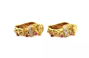18k Lion Earrings Etruscan Byzantine Ruby Diamonds - Picture 1 of 6