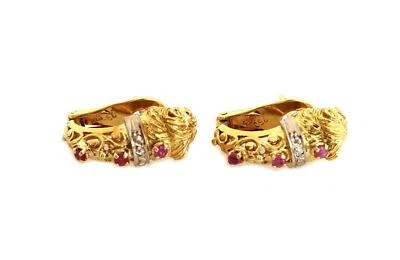 18k  Lion Earrings  Etruscan Byzantine Ruby Diamonds - Image 1 of 4