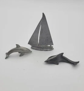 Vintage Pewter Freestanding Sailboat and Dolphins - Picture 1 of 3
