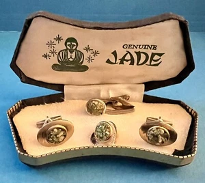 Genuine Jade Chips CuffLink, Tie Tack And Tie Bar Set In Original Box Vintage - Picture 1 of 3