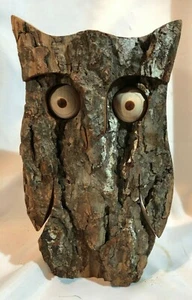 Wooden Owl Carving - Vintage Hand Carved Bark - Large Standing Owl 24.5cm tall - Picture 1 of 5