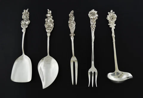 Antique Reed & Barton Harlequin 5pc Sterling Silver Hors D'oeuvre Hostess Set Cover