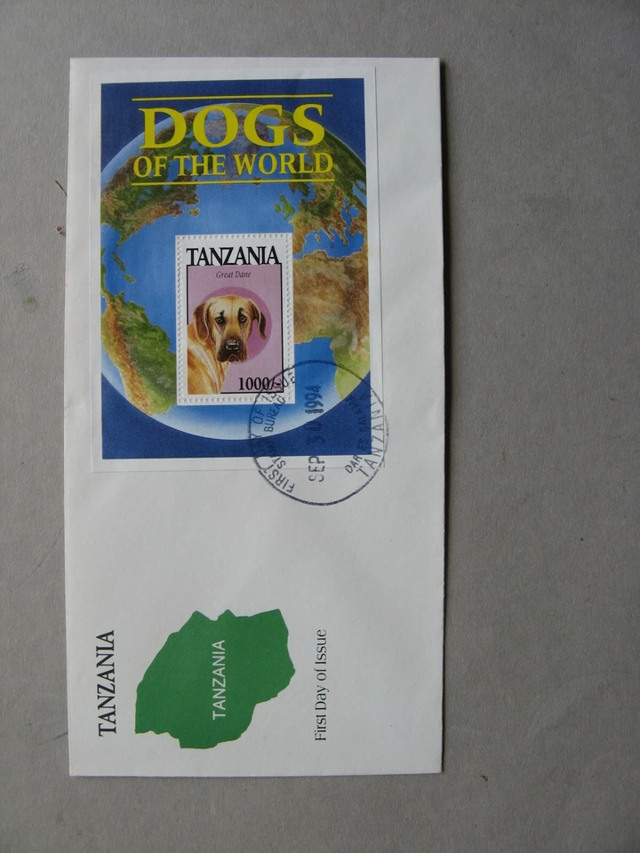 TANZANIA, cover FDC 1994, S/S dog Great Dane - Image 1 of 1