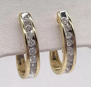 14k Yellow Gold .50 CTW DIAMOND Demi-Hoop Euro Back Earrings - Picture 1 of 9