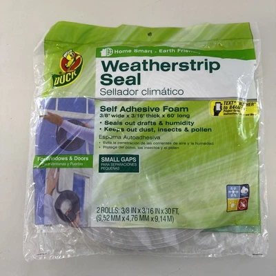 Duck Weatherstrip Seal 2 Rolls Foam 3/8 x 3/16 x 30ft Self Adhesive Windows/Door - Image 1 of 2