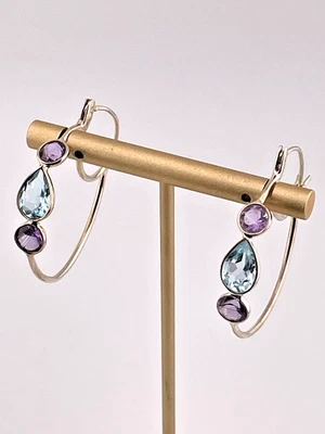 PENDIENTES DOBLE ARO INDIA PLATA ESTERLINA 925 TOPACIO AMATISTA 1.5" ELEGANTES 301 Foto 1 de 4