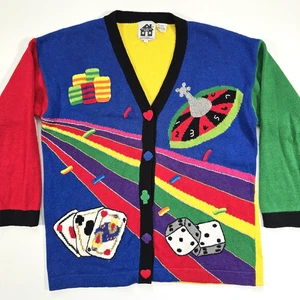 STORYBOOK KNITS BUTTON UP CARDIGAN SWEATER Sz 1X CASINO ROULETTE VTG 90's - Picture 1 of 14