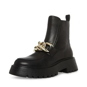Steve Madden Cleo Black Leather Chunky Lug Sole Curb Chain Round Toe Ankle Boots - Picture 1 of 9