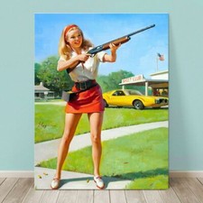 VINTAGE Pin-up Girl CANVAS PRINT Gil Elvgren  36x24" Napa Rifle Shoot Gun