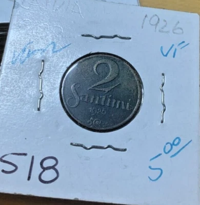 1926 Latvia 2 Santimi KM# 2, looks VF. Coin #518 - Image 1 of 2