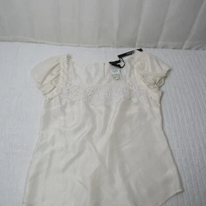 DStudio White Silk Square Neck Crochet Lace Puff Sleeve Coquette Blouse Large - Picture 1 of 14