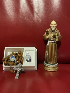 St Padre Pio + Rosary Beads and Medal Catholic Gift Set - Picture 1 of 2