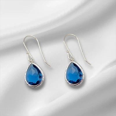 Sapphire Teardrop lab created Silver Earrings |September Birthstone Gift for Her - Image 1 of 4