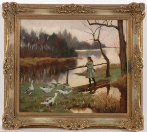 Charles Marsh (exh. 1892-1901) "Junges Mädchen füttert Enten", Öl auf Leinwand, 1890er - Bild 1 von 8