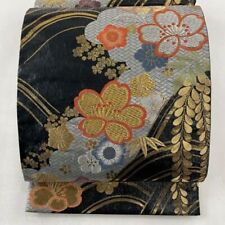 Japanese Kimono Obi Pure Silk Cherry Blossoms Wave Foil Black Rokutsu Semiformal