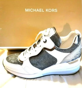 MICHAEL KORS Crista Mixed-Media Trainer-White w/Silver Glitter-Size 9-Authentic! - Picture 1 of 12