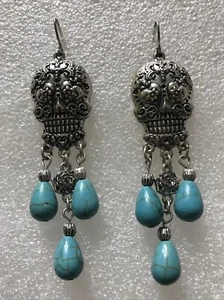 SILVER TONE TURQUOISE HOOK EARRINGS NEW 3” X .75” - Picture 1 of 7
