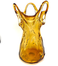 Vintage Large Amber Art Glass Vase Hand Blown Open Work