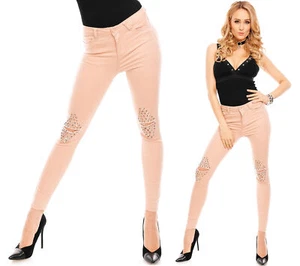 Pantalones vaqueros de mujer look denim ajustados agujeros piedras decorativas Slim F023-8 rosa viejo - Imagen 1 de 25