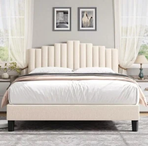 Queen Size Bed Frame Upholstered Platform Bed with Fabric Headboard Adjustable - Picture 1 of 5