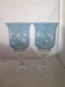 PAIR OF VINTAGE GLASS CANDLE HOLDERS LIGHT BLUE CUT TO CLEAR SHADES 10" TALL - Picture 1 of 12