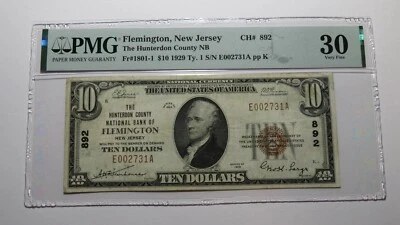 $10 1929 Flemington New Jersey NJ National Currency Bank Note Bill Ch. #892 VF30 - Image 1 of 4