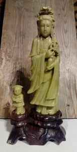 AUTHENTIC ANTIQUE CHINESE JADE FIGURINES. 12". STONE BASE. CARVED JADEITE STATUE - Picture 1 of 12