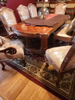 Neo Renaissance Formal Dining Room Set Table 6 Side 2 Arm Chairs & China Cabinet - Image 1 of 3