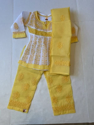Bebé Niña Chikankari Indio Paquistaní Traje Shalwar Kameez Diwali Eid Amarillo Foto 1 de 4