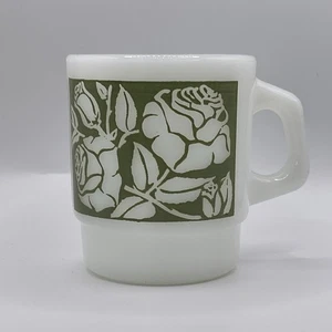 Vtg Fire King Anchor Hocking Green Rose Floral Mug Milk Glass Made In USA - Picture 1 of 8