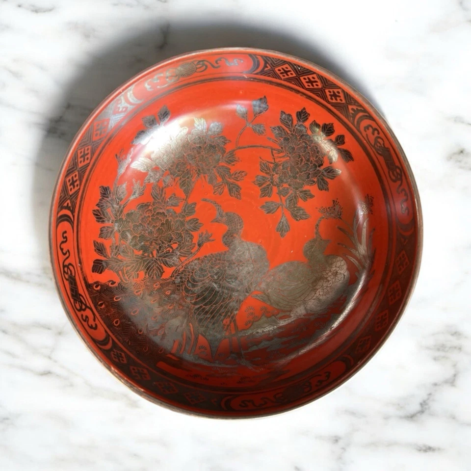 Meiji Japanese Eiraku Silver Kutani Bowl 7” Red Porcelain Cranes Peonies Signed - Image 1 of 4