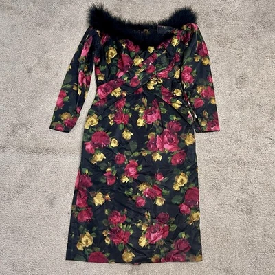 Vestido midi de cóctel de diseñador rosa años 60/70 Robert David Morton de colección con ribete de boa Foto 1 de 4