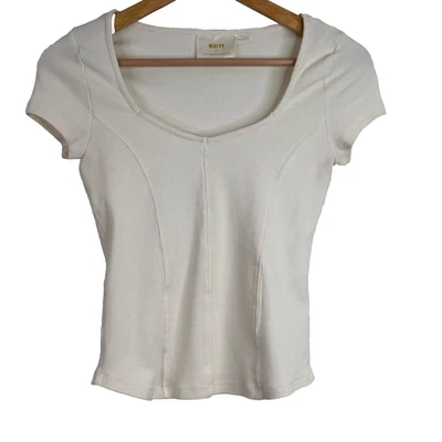 Anthropologie Maeve Square Neck Babydoll T Shirt S White Ribbed Stretch Y2K Boho - Image 1 of 4