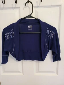 Justice Girl Navy Blue 3/4 Sleeve Short Open Cardigan W/Studs & Stones, Size 7 - Picture 1 of 3