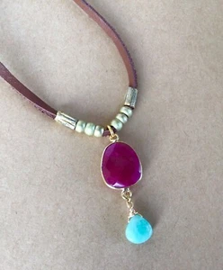 NEW Sundance Charm Necklace leather brown cord handmade artisan gemstones - Picture 1 of 9