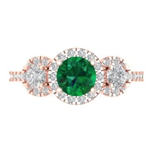 1.46Ct Round Cut Simulated Emerald Three Stone Engagement Ring, 14K Rose Gold - Picture 1 of 11