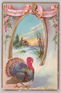 Saludos de Acción de Gracias, Wishbone de Turquía, escena de casa de campo, postal vintage - Imagen 1 de 2