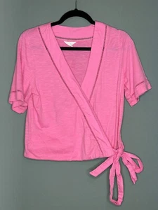 CASLON Women's Small V-Neck SS Embroidered Hem Wrap Top Pink - Picture 1 of 8
