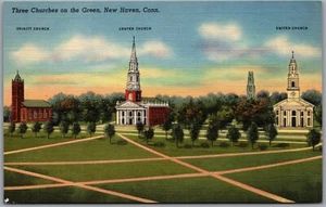 Postcard New Haven Connecticut Three Churches on the Green Trinity Center United - Picture 1 of 2