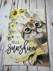 Hello Sunshine Katze Sackleinen Gartenflagge 12"" x 18"" doppelseitig - Bild 1 von 1