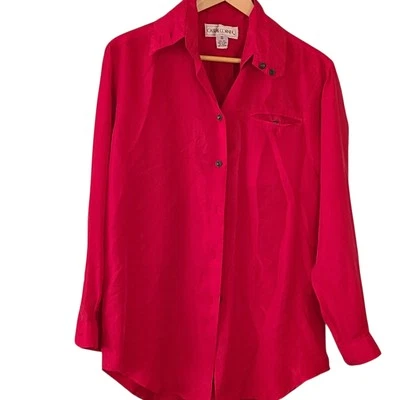 Blusa informal con botones delanteros de seda de esquina con cuello rojo para negocios casual fiesta pequeña Foto 1 de 4