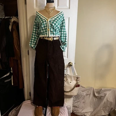 Marled Boutique Women’s Green Checkered Preppy Gold Button V Neck Cardigan XS  - Image 1 of 4