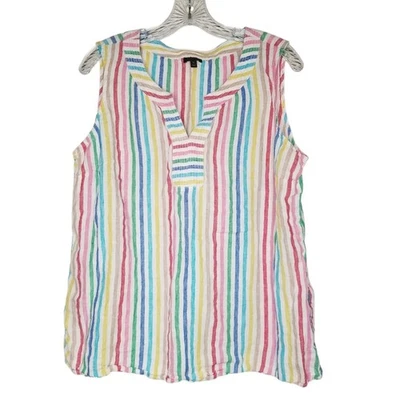 Talbots 100% Linen Rainbow Striped Tank Top XL Sleeveless Beach Resortwear - Image 1 of 4