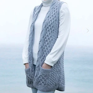 Aran blue 100% Merino wool Irish cable Knit Sweater vest waistcoat size large - Picture 1 of 9