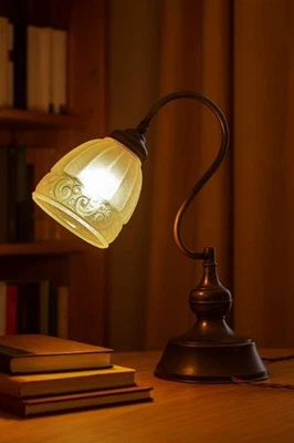 Lámpara de escritorio vintage art deco años 30 bronce ajustable cuello de cisne pantalla opalina Foto 1 de 4