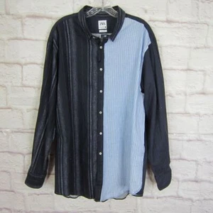 Zara Button Down Shirt Men's L Blue Stripe Color Block Linen Blend Relaxed Fit - Picture 1 of 8