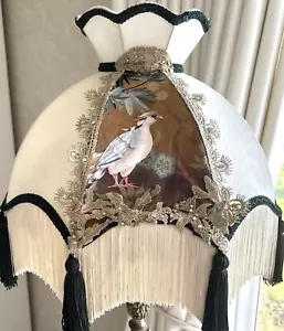 A Victorian Traditional Downton Abbey Ivory Silk Bird Tassel Lampshade 14IN 36CM - Picture 1 of 12