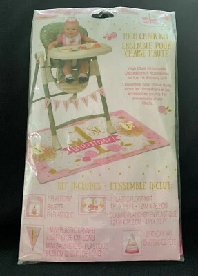 Kit de decoración de silla alta rosa y dorado para niñas 1er cumpleaños babero sombrero alfombra pancarta Foto 1 de 3