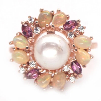 GemstoneWhite Pearl, Rhodolite, Opal & Cubic Zirconis Ring 925 Silver Size 8 - Image 1 of 3